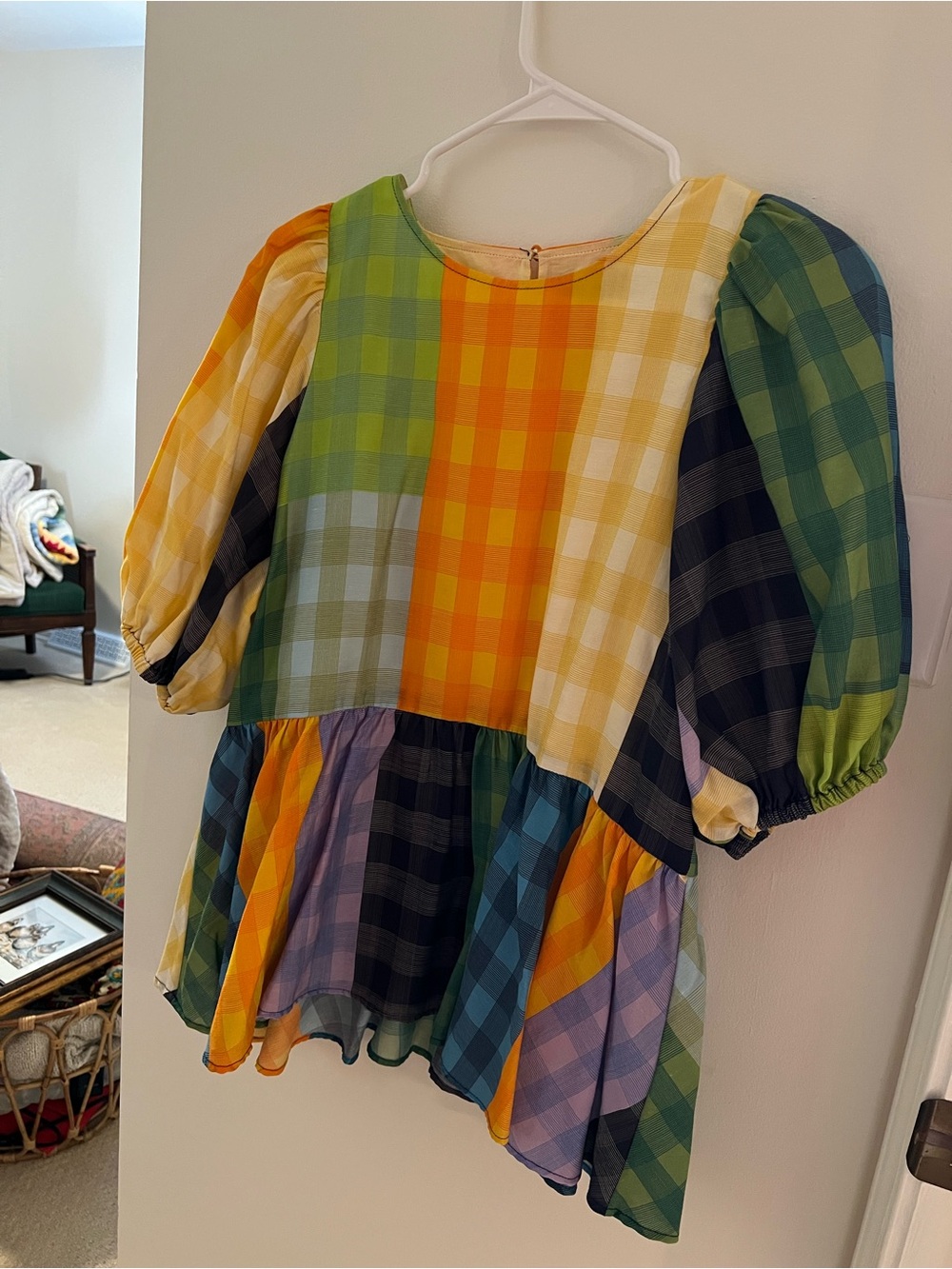 STINE GOYA Multicolor Plaid Puff-Sleeve Top in Yellow, Green, Blue, Orange